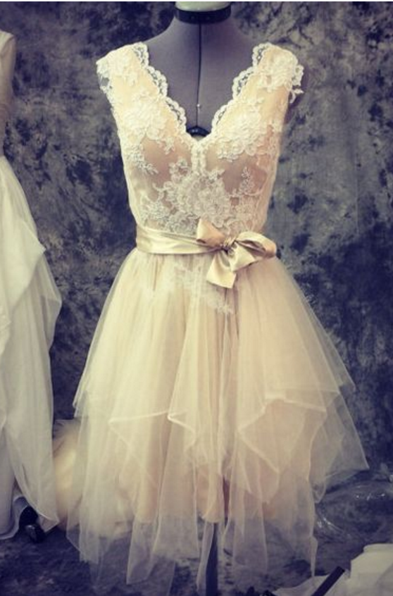 Flower Pearl Short Ivory Lace Homecoming Dress