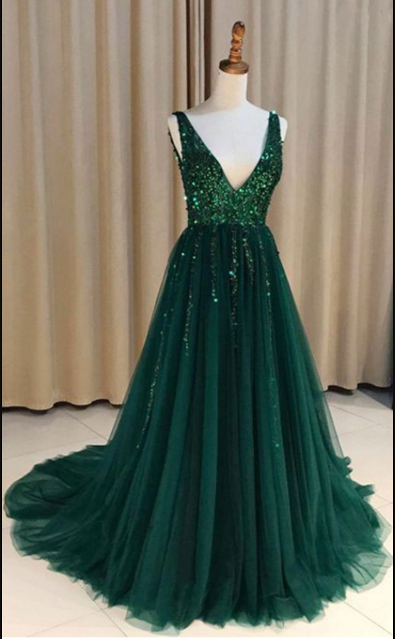 Green Tulle V-neck Beading Sequins Prom Dress With Train main image 0