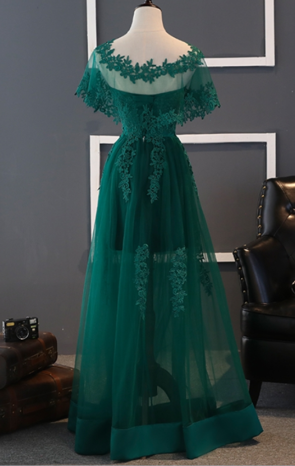Charming Tulle Prom Dress, A Line Prom Dresses, Appliques Short Sleeve ...