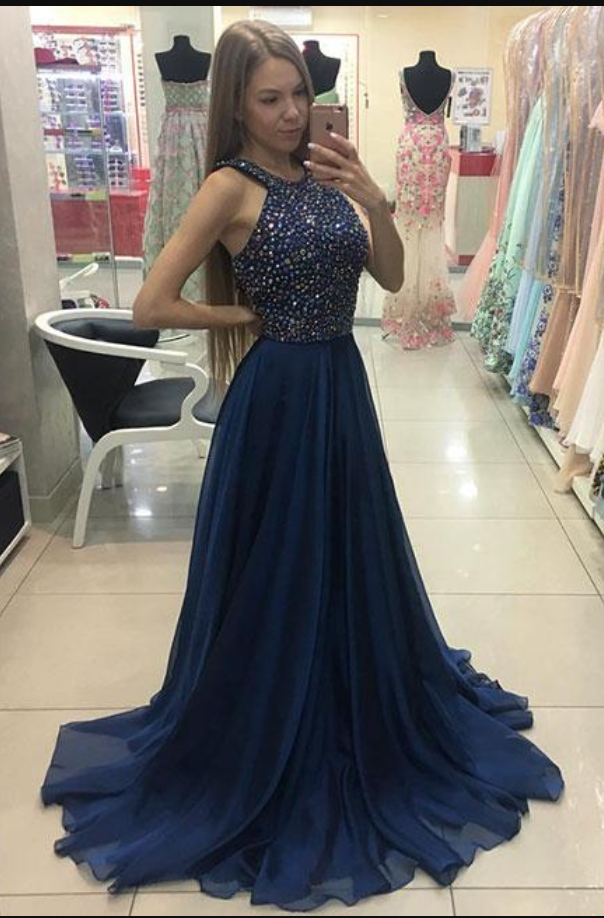 Navy Blue - A Line Strapless Chiffon Beaded Corset Long Prom Dress With Slit