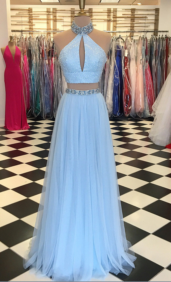V-neck Faux Two-piece Gown with Long Sleeves Sky Blue
