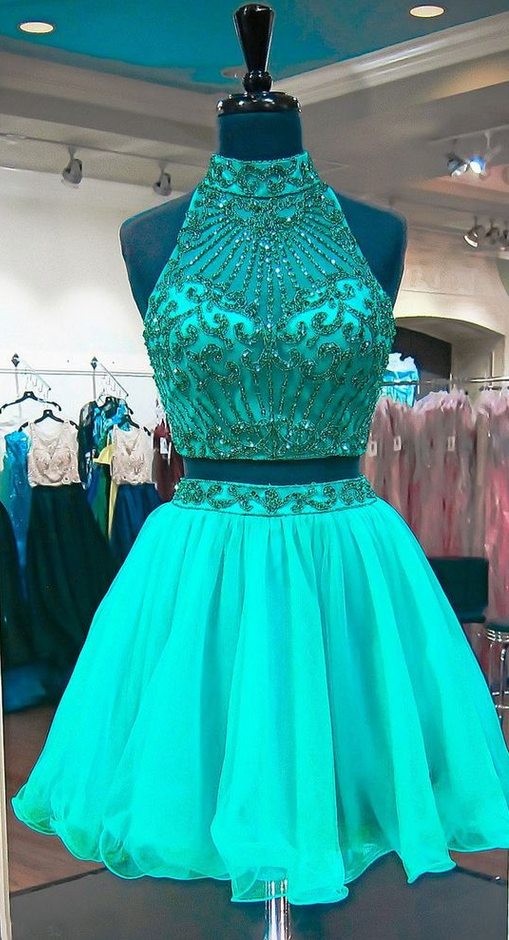 Emerald Green Two Piece Homecoming Dresses Beadings Stylish Short Tulle ...