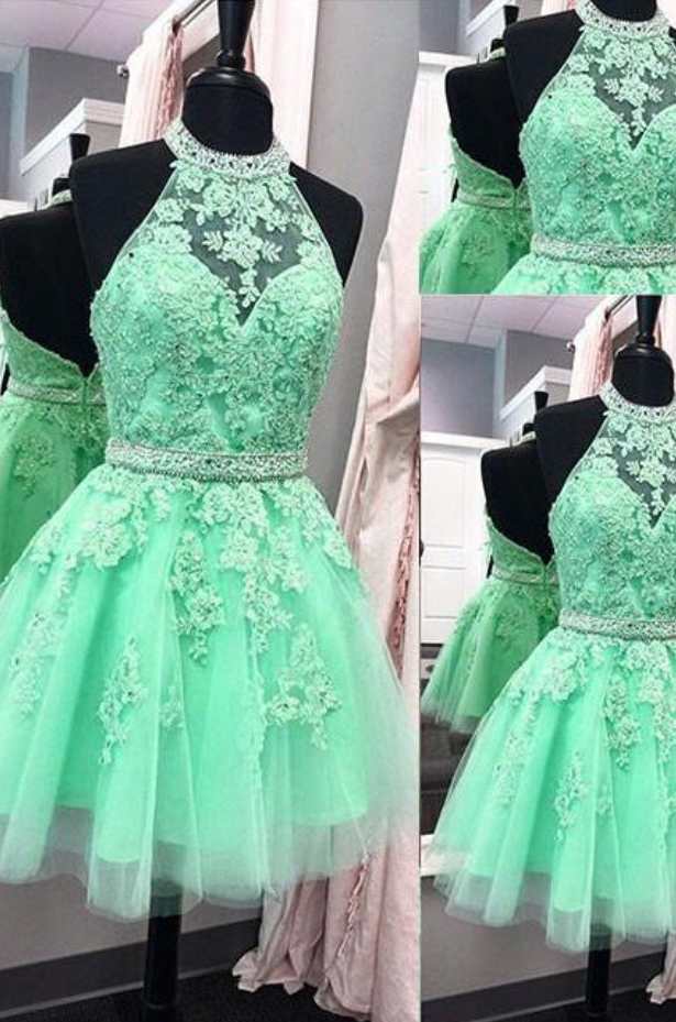 Backless Short Green Lace Prom Dresses main image 1