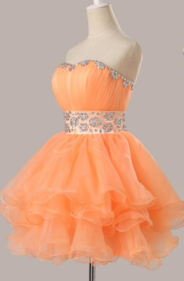 Orange Lace Sleeved Scalloped Short Prom Dress