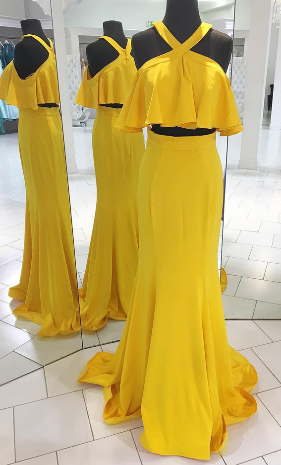 Two Piece Yellow Long Prom Dress With Ruffle,prom Dresses,evening Dress