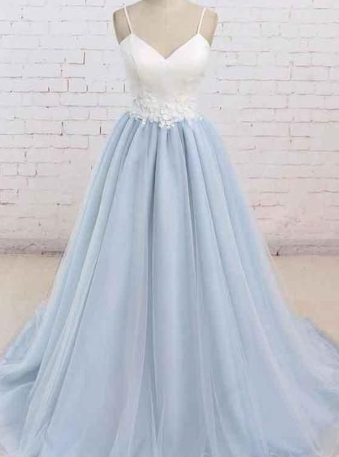 A Line Spaghetti Strap Light Sky Blue Long Prom Dress LBQ1547