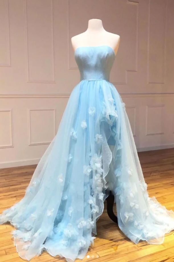 Light Blue Tulle Beaded Sweetheart Long Prom Dress, Light Blue Tulle Evening Dress