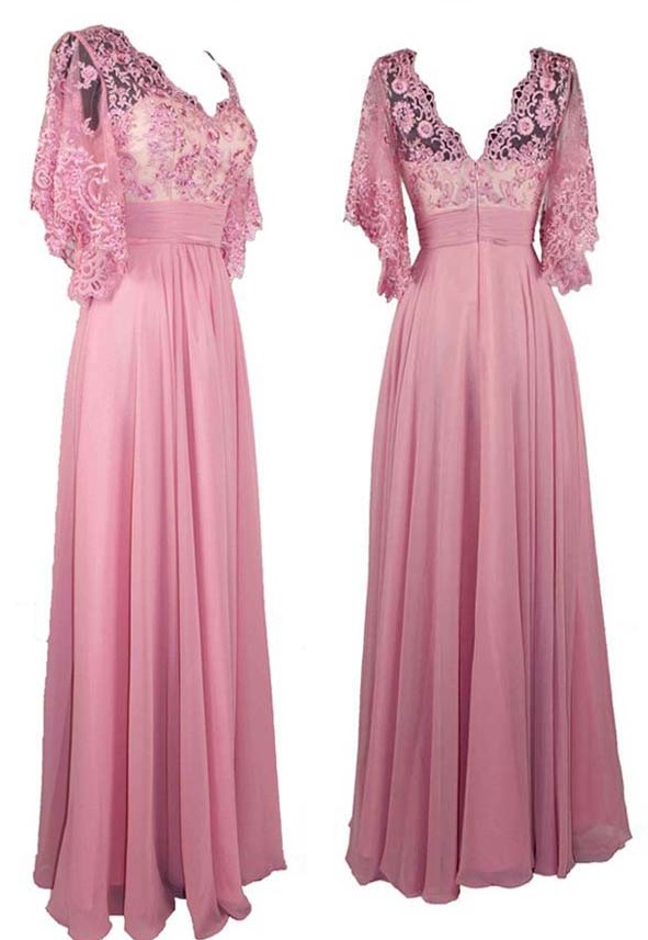 Sexy v-neck pink ruffles prom dresses chiffon pleated evening dress Y1347 main image 1
