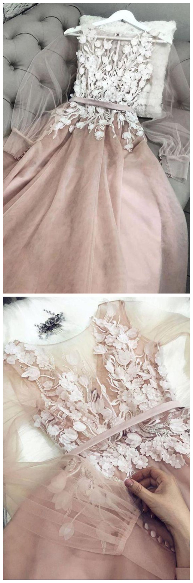 Pink Long Sleeves Tulle Lace Long Prom Gown on Luulla