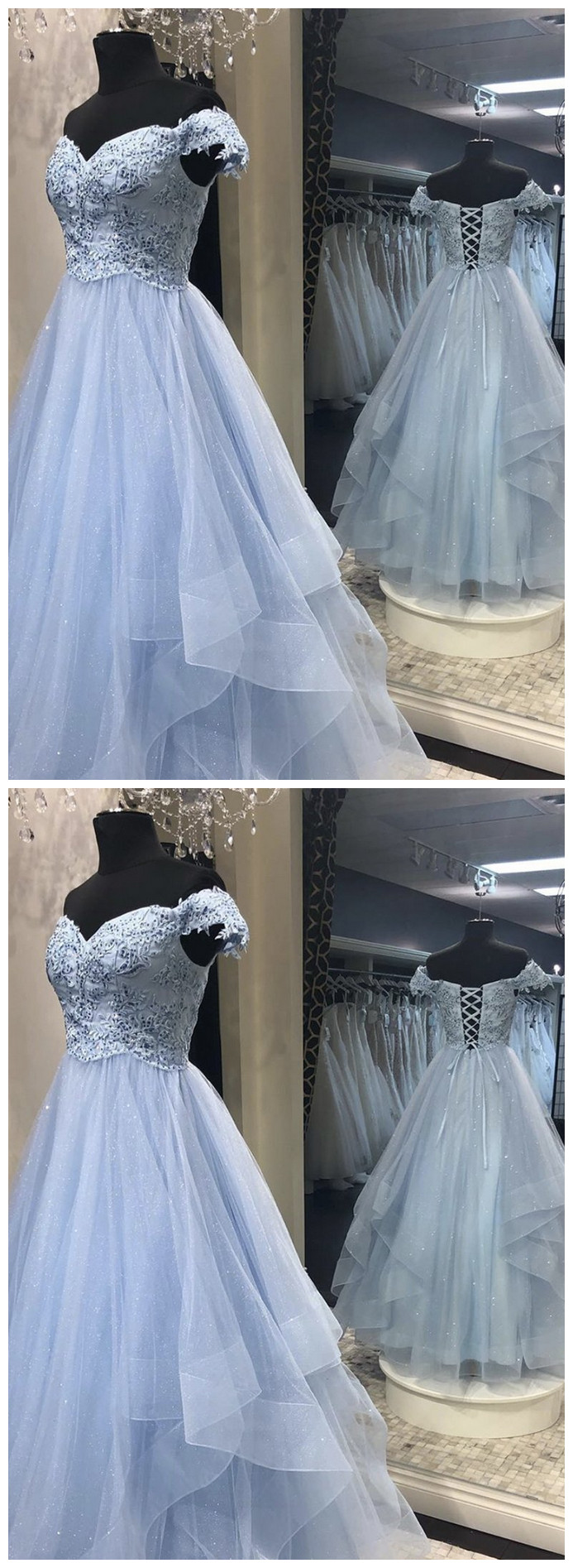 Light blue tulle lace long prom dress, blue evening dress SA26