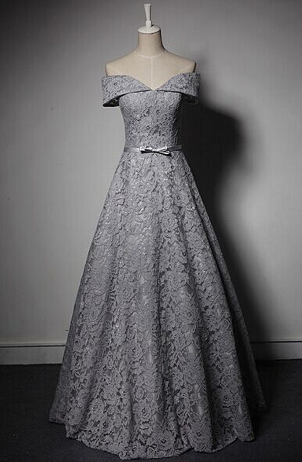 Grey Long Prom Dresses, Lace Prom Dress, Off Shoulder Prom Dress, Lace ...