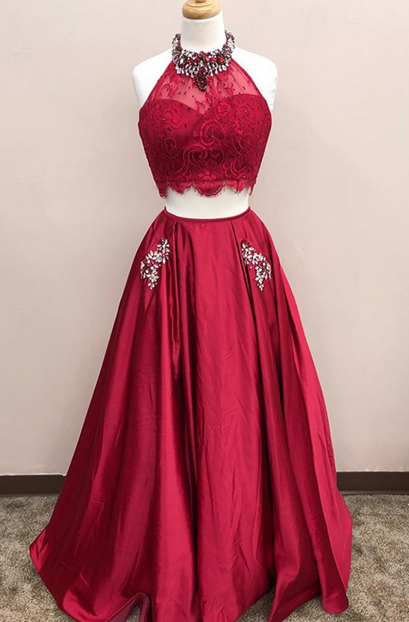 Burgundy Lace Top Two Pieces Prom Dresses,floor Length A-line Beading ...