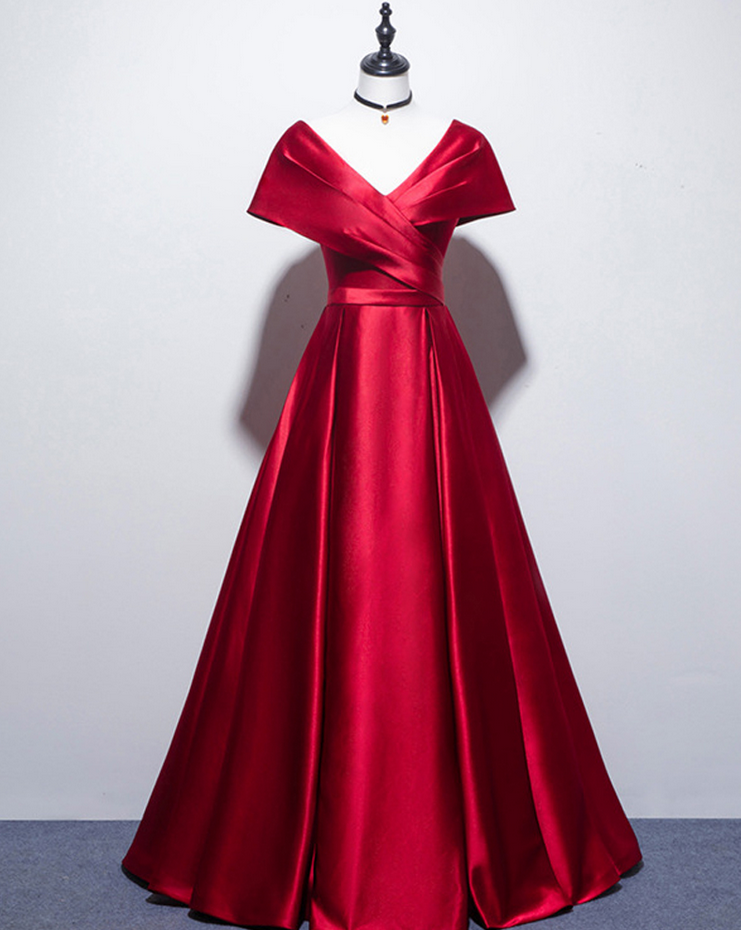 Satin Bridesmaid Dress,Burgundy Bridesmaid Dress,V Neck Bridesmaid