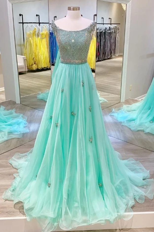 Mint Green Tulle Scoop Neck Beaded Long Sweet 16 Prom Dress on Luulla