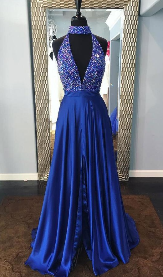 Royal Blue Split Formal Dress,sexy Prom Dress,beading Prom Dress,v Neck ...