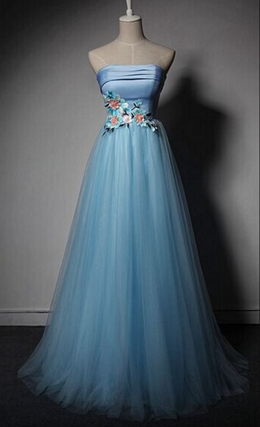 Blue Tulle Sweetheart Evening Gown With Flowers on Luulla