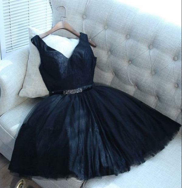 A-line Deep V-neck Simple Cheap Black Homecoming Dresses, HD0122