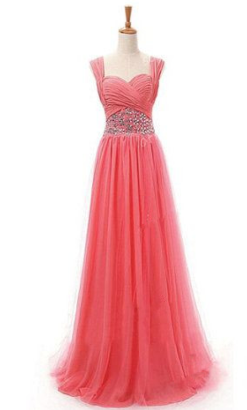 Unique A Line Strapless Satin Tiered Chiffon Long Prom Dress, Evening Dress main image 1