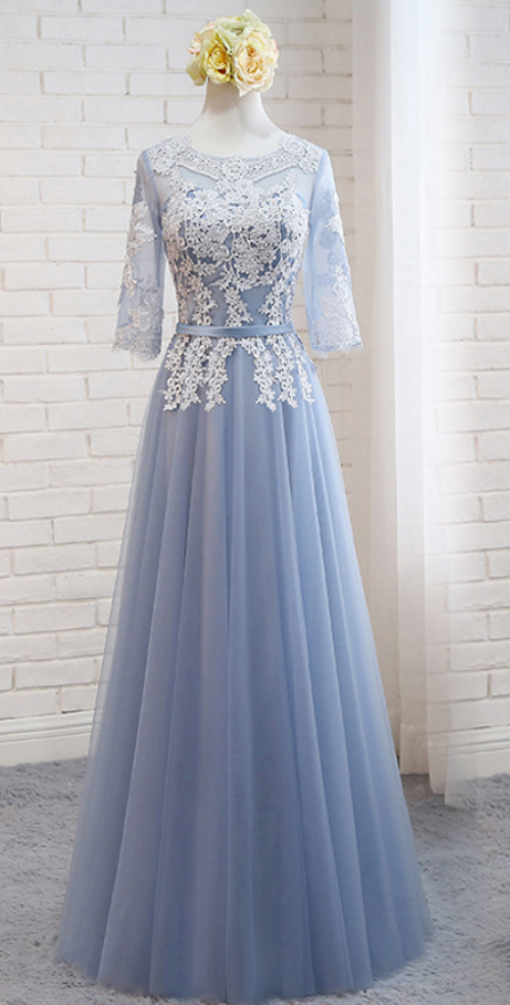 Elegant Short Sleeves Tulle With Lace Formal Prom Dress, Beautiful Long ...