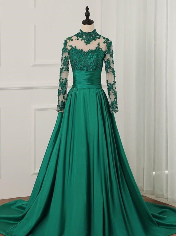 Prom Dresses，green Satin Long Sleeves Floor Length Party Dress, Green ...