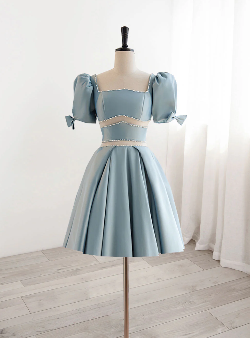 Blue Square Neck Short Puff Sleeves A-Line Short Homecoming Dress