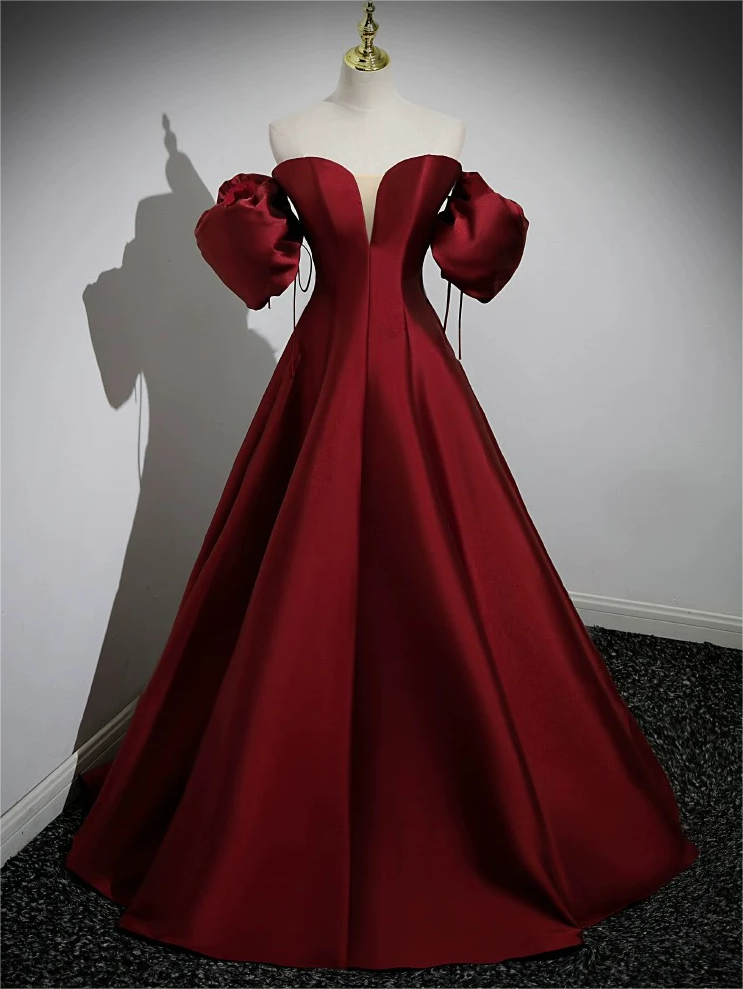 Elegant A line Puffy Sleeves Burgundy  Long Prom Dress B424