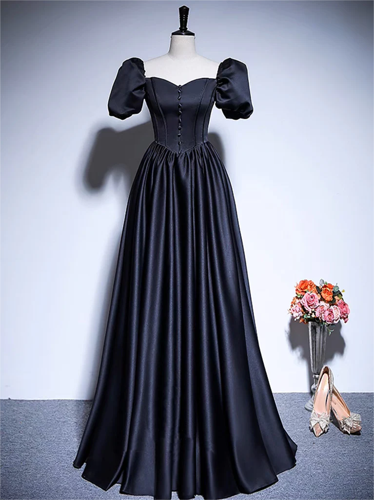 Black Satin Long-Sleeve A-Line Prom Dress with Built-In Bra main image 0