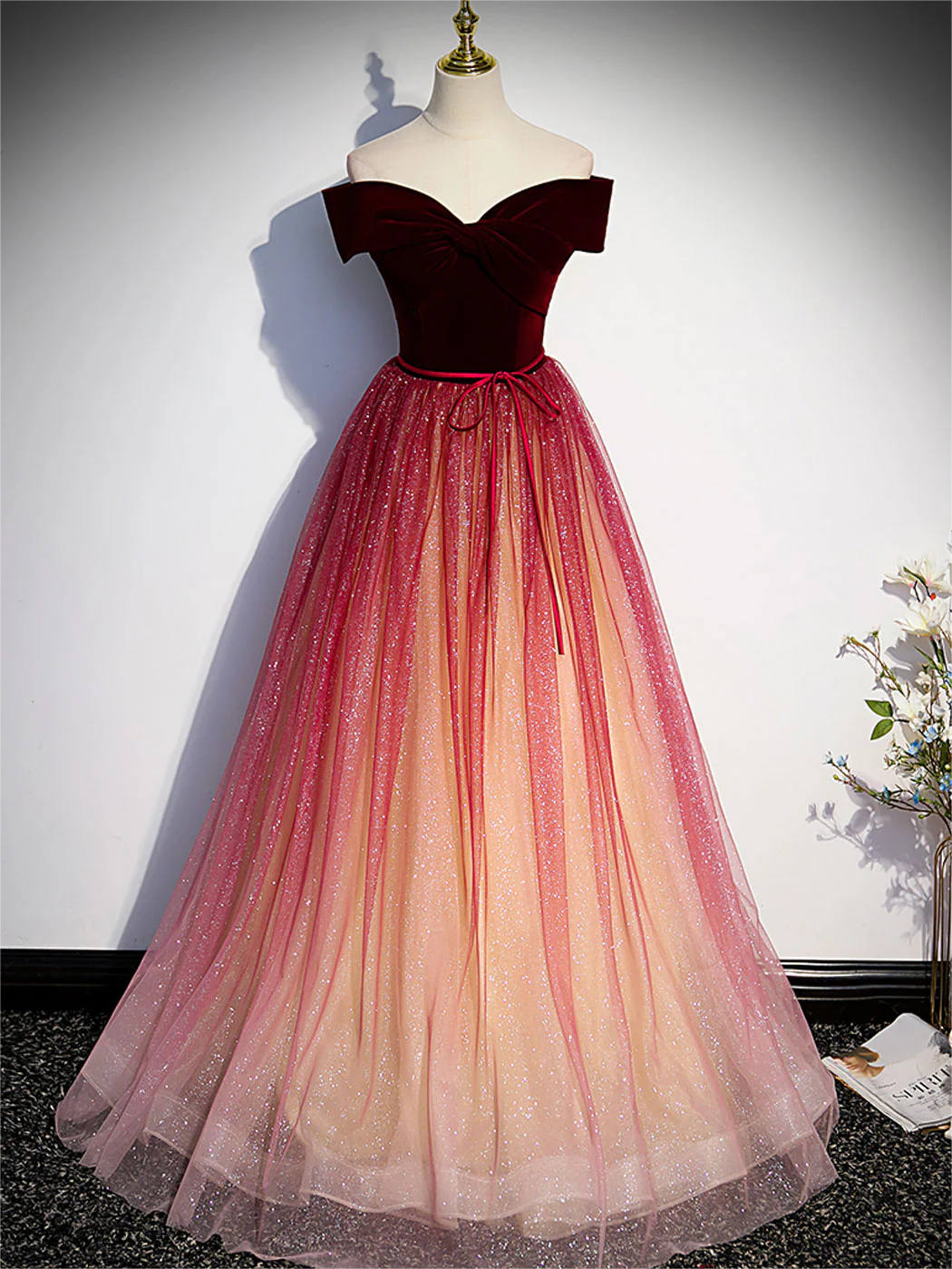 Prom Dresses,burgundy Aline Tulle Sequin Long Prom Dress, Velvet ...