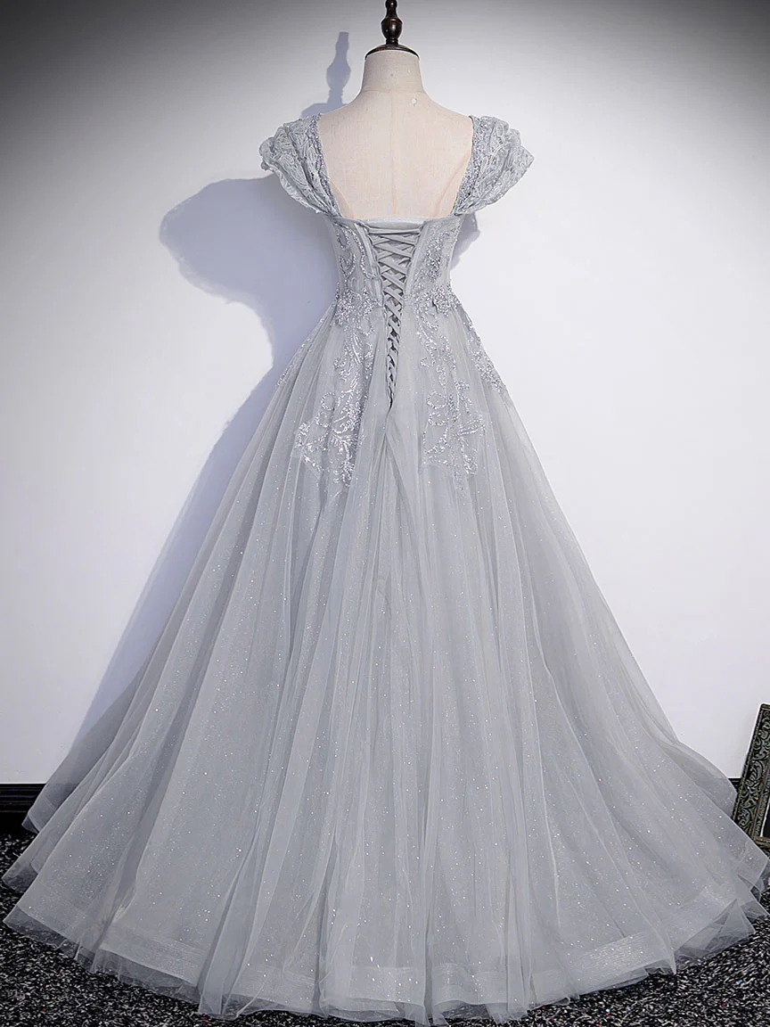 Gray sweetheart tulle long prom dress gray evening dress   cg11060