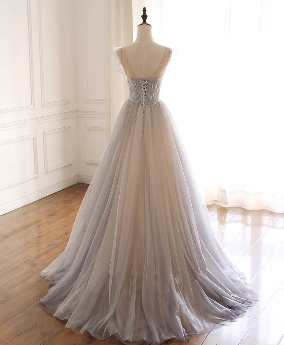 Prom Dresses,gray Purple Round Neck Tulle Long Prom Dress, A Line ...