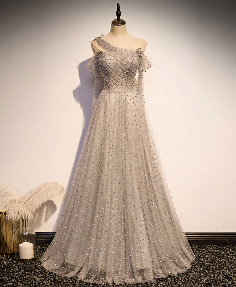 Prom Dresses,gray Tulle One Shoulder Long Prom Dress, Gray Formal ...