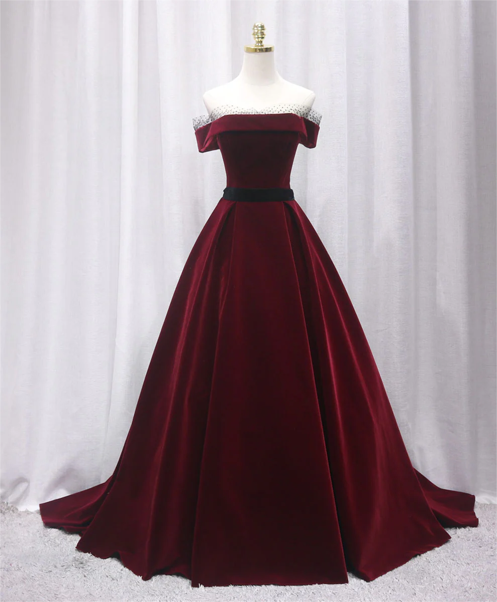 Burgundy prom dress,off the shoulder evening dress,formal gown long  C2015
