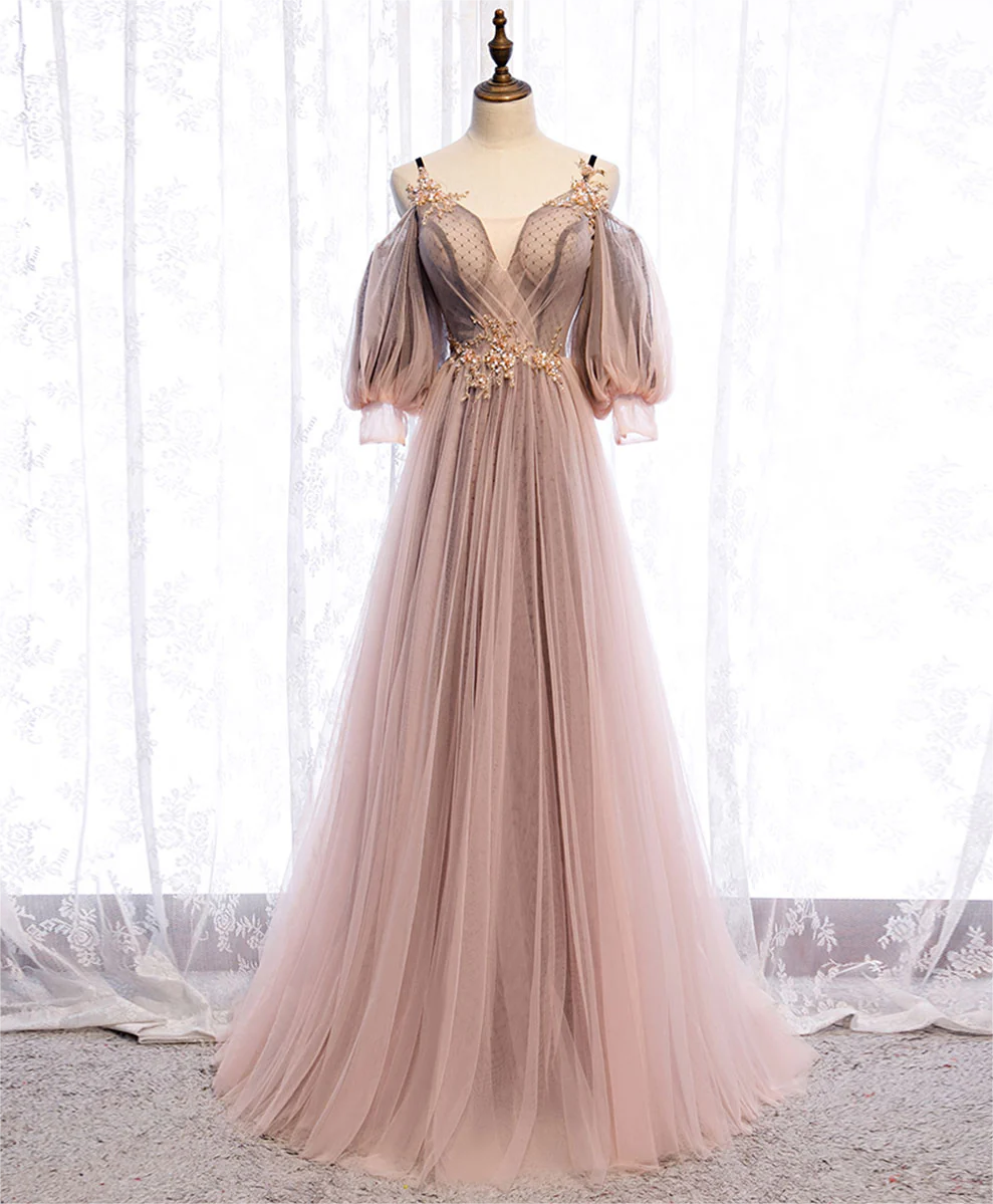 Pink V-neck lace tulle long prom dress, pink evening dress, Popular Cheap Long  prom dresses, PD0495