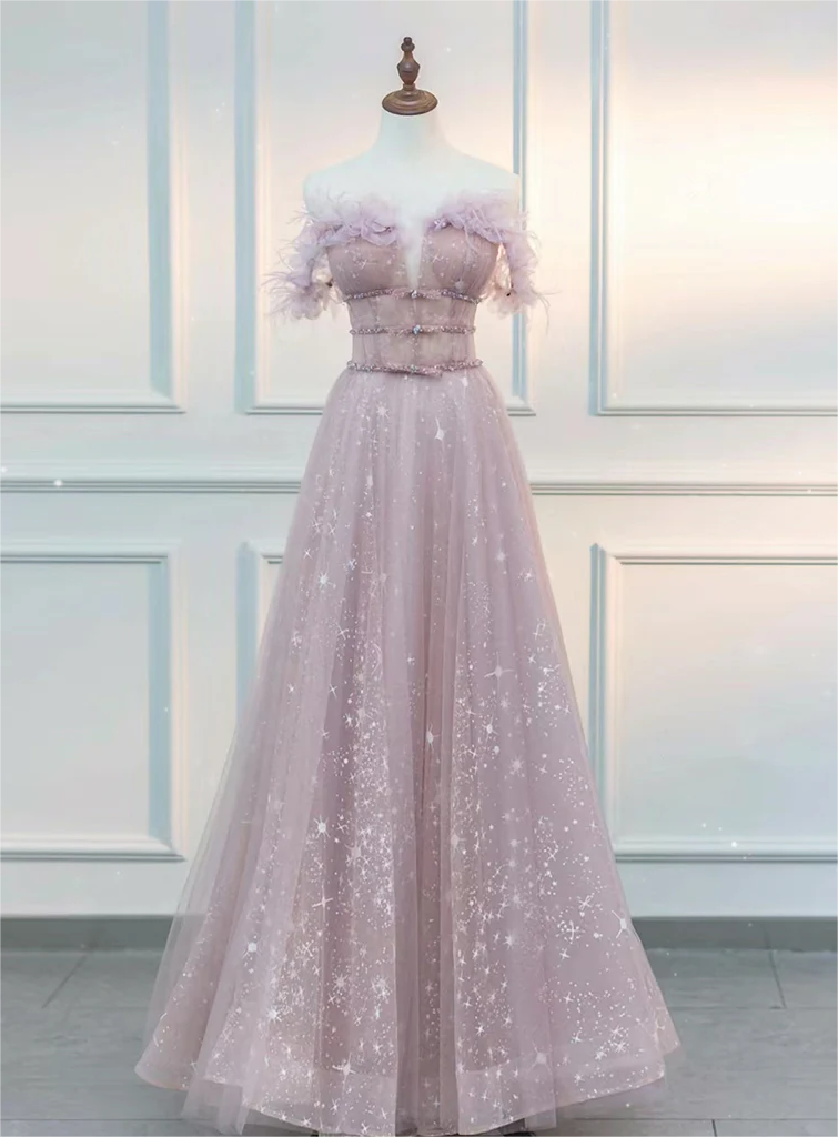 Pink Off Shoulder A-Line Tulle Long Prom Dress Graduation Dress, DP3656 main image 1