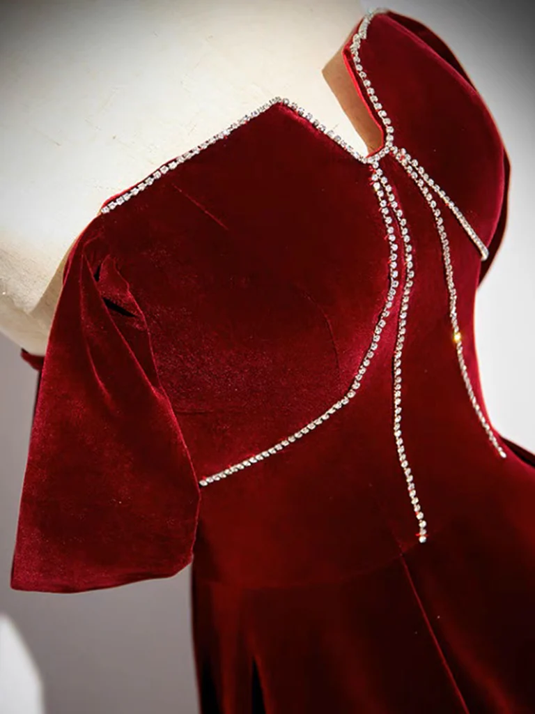 Elegant A Line Burgundy Velvet Long Prom Dress Y6967 main image 1
