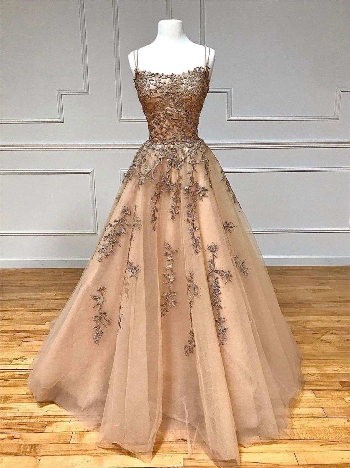 Champagne Lace Top Spaghetti Straps A line Tulle Prom Dress Graduation Dress