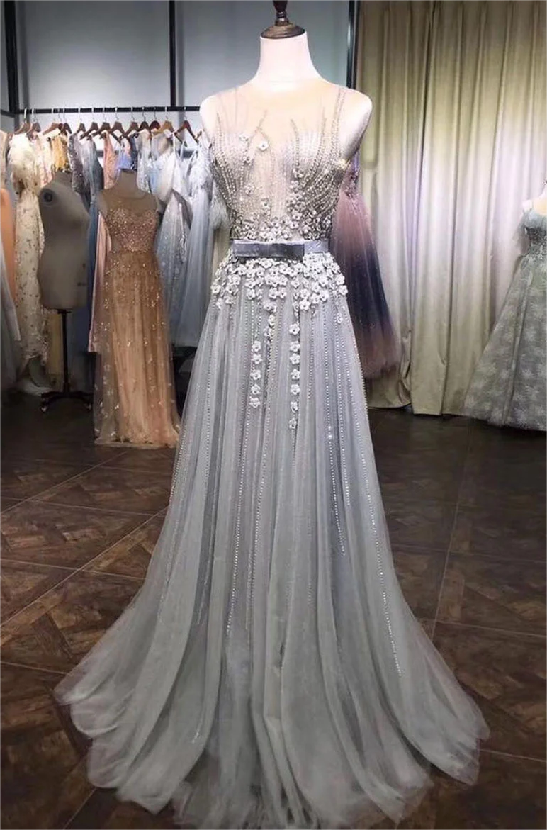 Light Grey Beaded Long Sleeves Fashionable Tulle Evening Dress, Tulle Grey Prom Dress Party Dress