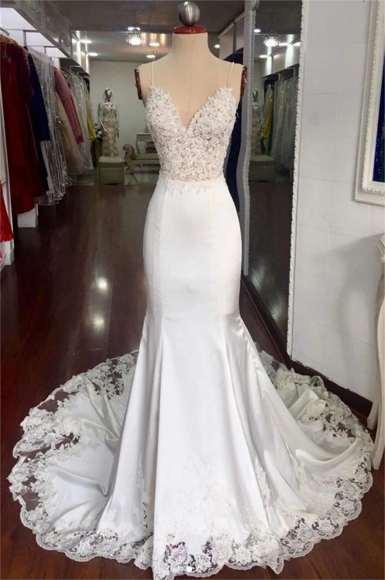 White lace appliqué long prom dress white evening dress C1280