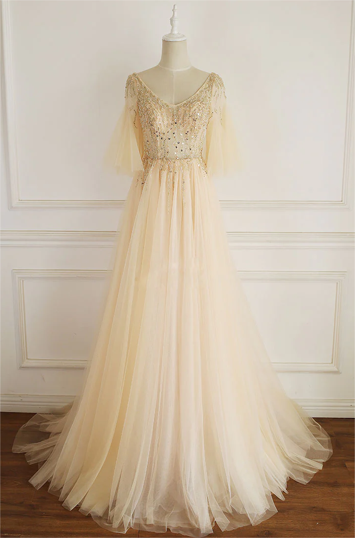 Champagne v neck tulle sequin long prom dress champagne evening dress main image 0