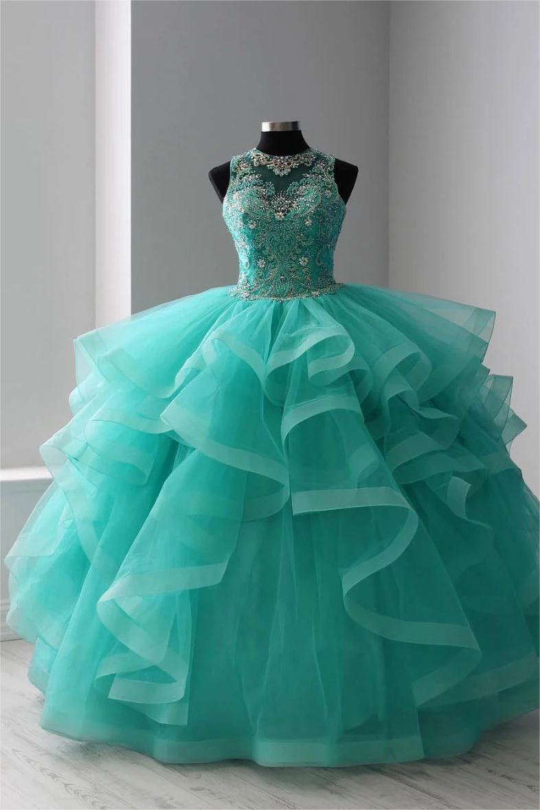 Glam Light Green Round Neckline with Beaded Formal Dress, Light Green Sweet 16 Dress